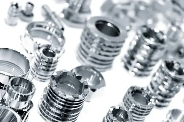 Parlak metal yüzeylere sahip hassas işlenmiş parçalar
